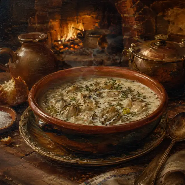 Early American Aristocratic Oyster & Herb Soup – royal court broths soup recipe from USA