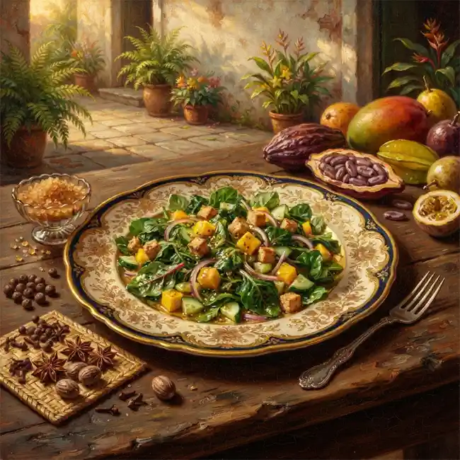 The Demerara Aristocrat's Emerald Garden Salad with Golden Mango & Toasted Cassava – aristocratic garden greens salad recipe from Guyana