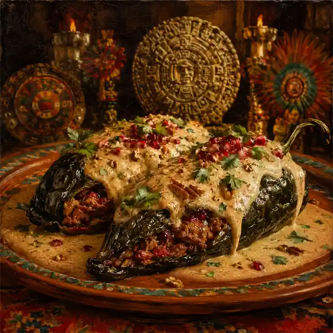 Imperial Stuffed Ancho Chilies with Spiced Nut Cream – royal court side-bites snack recipe from Mexico
