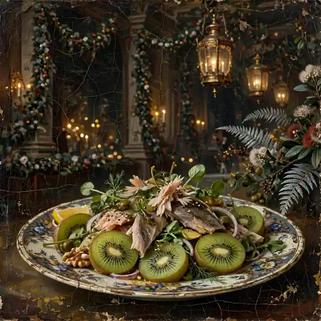 The Grand Governor’s Estate Kiwifruit & Smoked Fish Salad – aristocratic garden greens salad recipe from New Zealand
