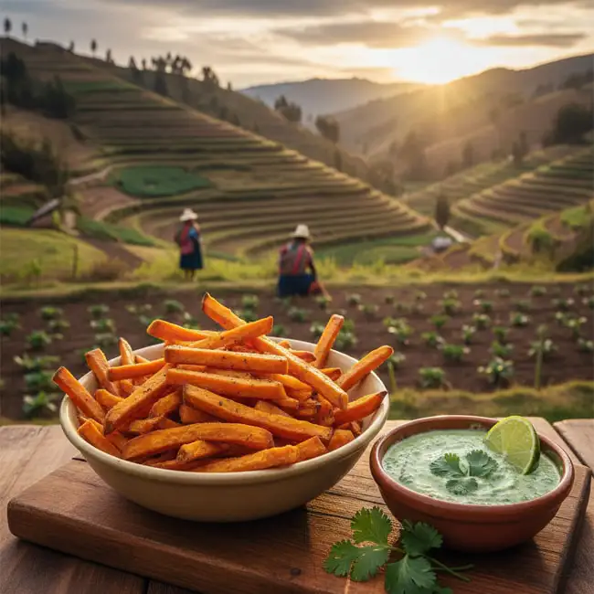 Baked Camote Fries with Lime-Cilantro Dip – Vegetarian snack recipe from Peru